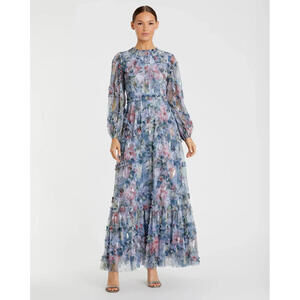 NWT $598 Mac Duggal 8098 Floral Long Sleeve Ruffle Midi Dress Plus Size 18